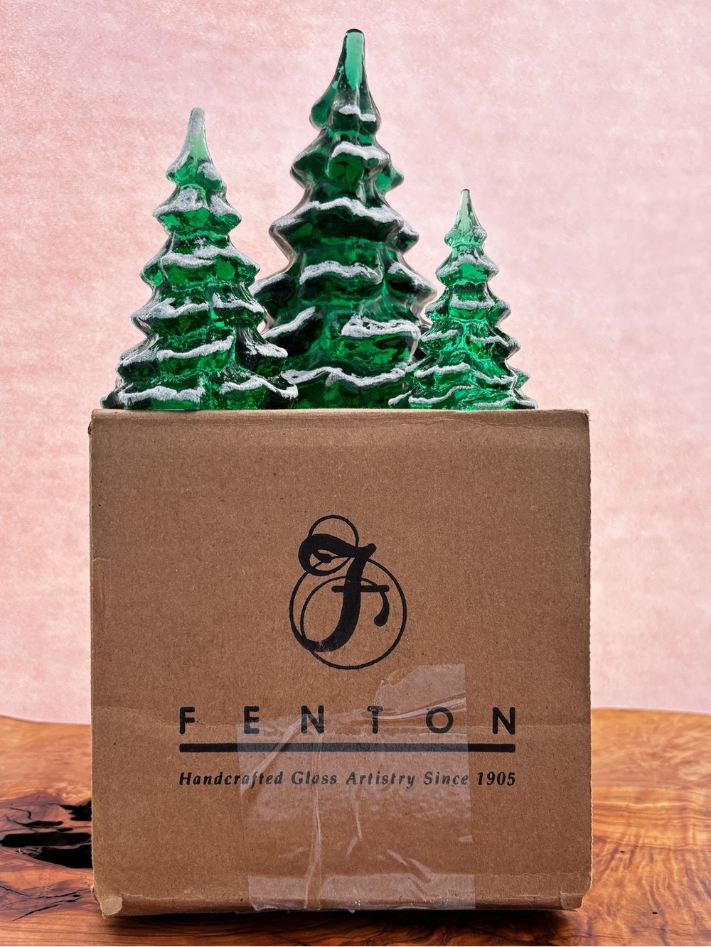 2004 Set Of 3 Fenton/Goebel Forest Green Snow Flocked Trees With Original Box